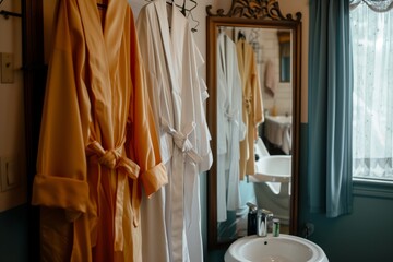 salon robes hanging, no one dressing