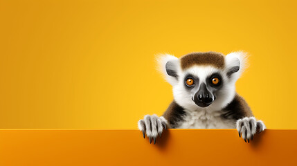 Portrait of a funny lemur with a blank banner. Copy-space - obrazy, fototapety, plakaty
