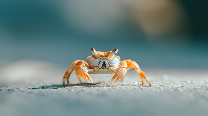Orange ghost crab on sandy beach with soft focus background