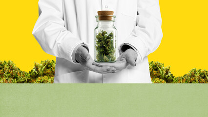 Doctor holding jar of cannabis. Legalization of medical marijuana for diseases treatment, pain...