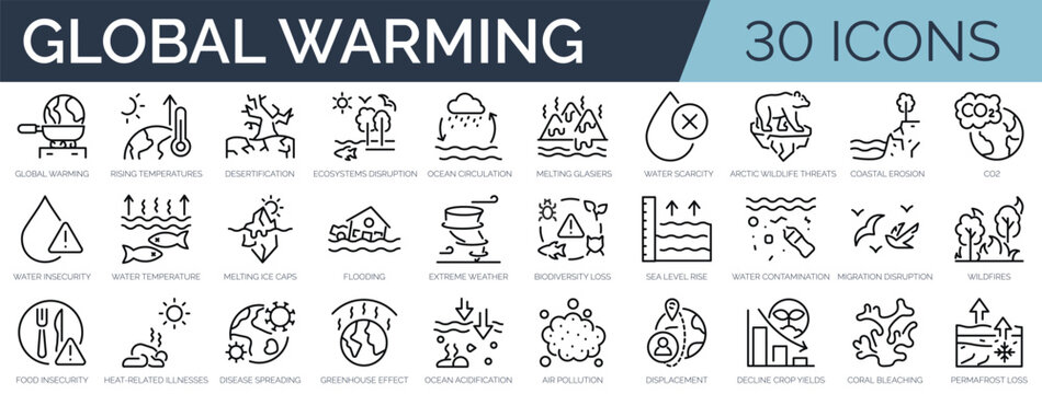 Set of 30 outline icons related to air global warming. Linear icon collection. Editable stroke. Vector illustration