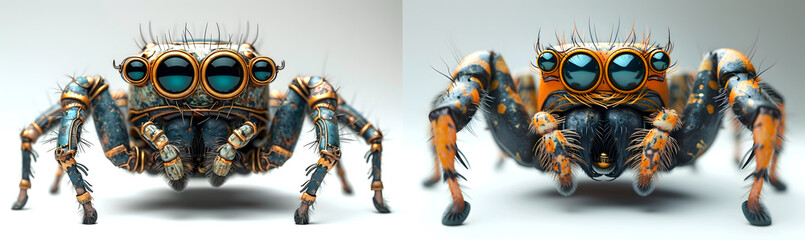 Steampunk spider illustration. Funny insect cyborg close up.