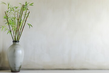bamboo shoots in a vase beside spa space with a blank wall