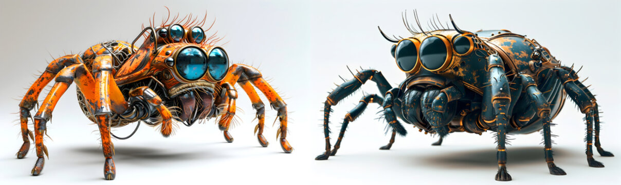 Unusual robot spiders. Fantasy insects in steampunk style.