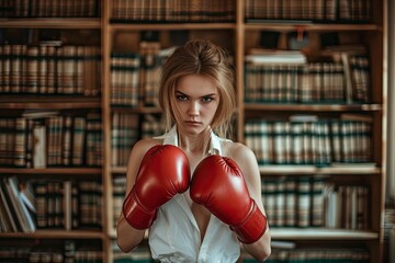 Red-gloved female entrepreneur practicing boxing moves, symbolizing resilience and tenacity in the business world.