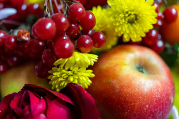 Close-up of an apple-flower arrangement