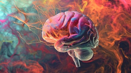 An ethereal, transparent brain suspended in mid-air, with statistics and data flowing through its intricate network against a backdrop of swirling colors.