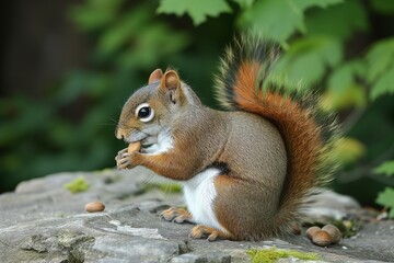 side view of squirrel eating pine nut on rock