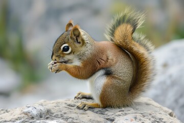 Naklejka na ściany i meble side view of squirrel eating pine nut on rock
