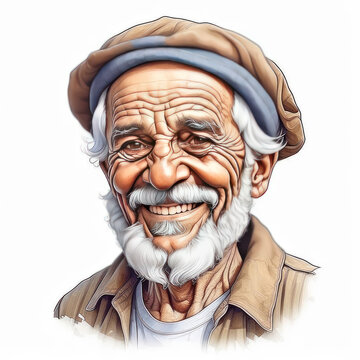 An elderly man with a mustache and glasses wearing a headdress smiles. The old man is enjoying the moment. Watercolor illustration on a white background