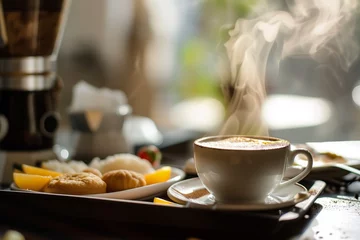 Foto op Plexiglas fresh coffee in a cup with steam over a breakfast tray © Alfazet Chronicles