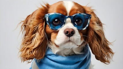 Cavalier King Charles Spaniel wearing blue glasses and scarf
