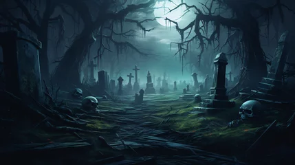 Poster Aurores boréales Graveyard in the spooky night forest