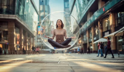 une femme médite, assise dans une bulle au milieu d'un environnement urbain stressant