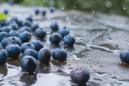 Blueberries Bouncing Off A Wet Patio Surface