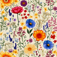Eco-Friendly Wildflower, vibrant wildflower pattern, promoting environmental awareness through beauty, Seamless Floral Pattern, Wildflower JPG, Created using generative AI
