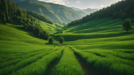 green field and mountains
