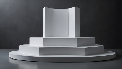 A white color object stage podium stand, ideal for sample product presentations, set against a grey background to enhance commercial display concepts.