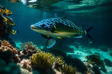 Fototapeta na wymiar AI generated illustration of an ocean fish swimming amongst a vibrant coral reef