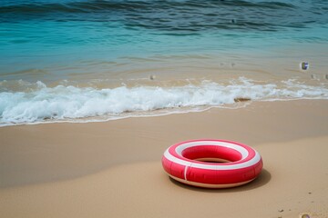 Fototapeta na wymiar red and white striped swim ring floating by a sandy beach shore