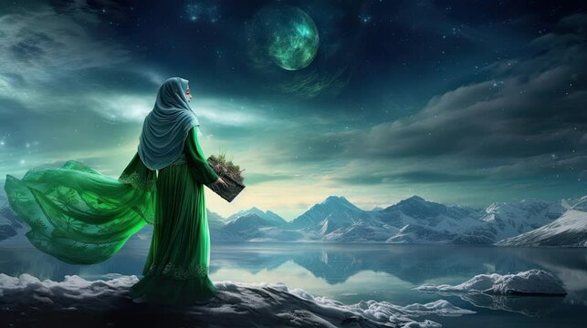 muslim woman wear big hijab and green dress bring a basket of flower look at cloudy movement in ramadan day full moon in the lake loop animated