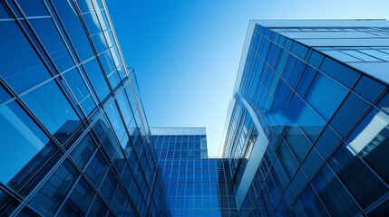 Fototapeta na wymiar Sky reflecting off modern glass office buildings with clear blue sky.