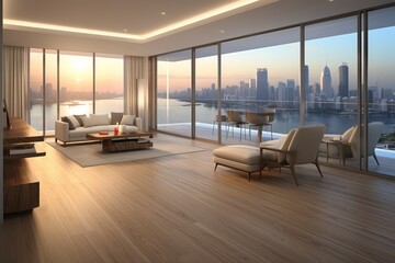 Fototapeta premium design a modern, spacious room with a light color, minimalist features, large windows