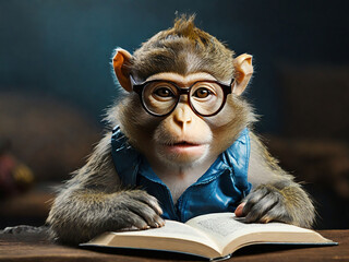 Monkey with Blue Glasses Reading a Book