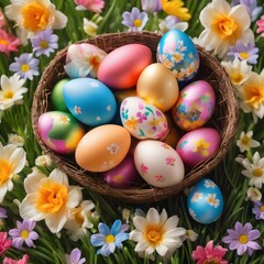 Fototapeta na wymiar art Colourful Easter eggs decorated with flowers in the grass on