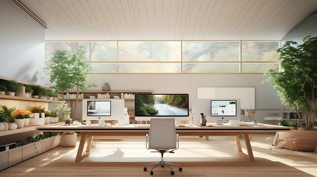  front-facing white office with a high-mounted TV.