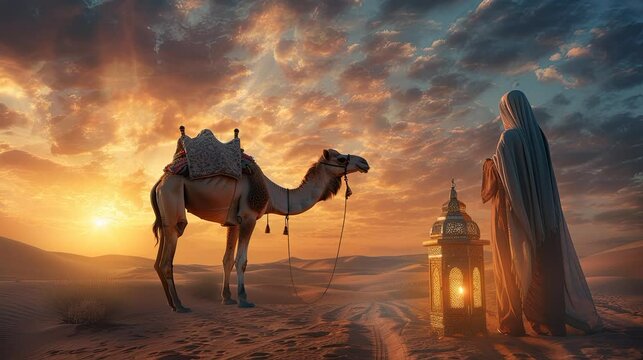 Muslim woman wear kaftan long hijab bring ramadan islamic special lantern in the shape of mosque in front of desert camel in morning sky loop video