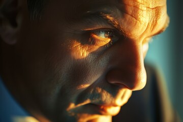 Close-up of a man's face with intense gaze in warm lighting.
