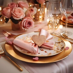 Fototapeta na wymiar Festive Table Setting For Valentine's Day With Gold 