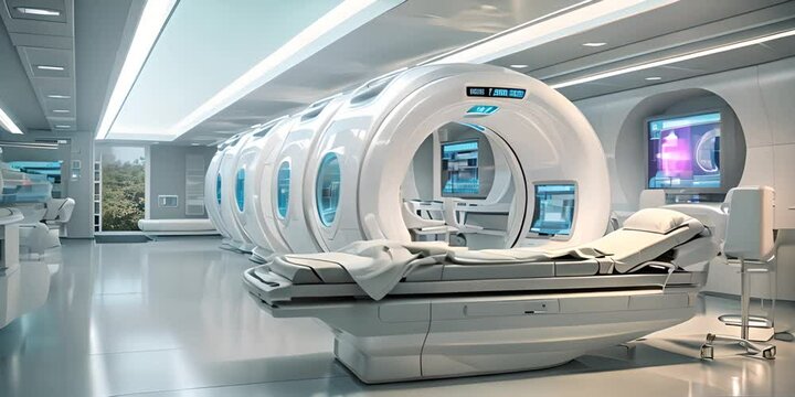 Advanced mri or ct scan medical diagnosis machine at hospital lab as wide banner with copy space area 4K Video