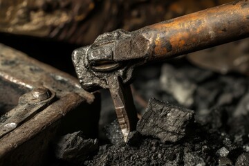 Blacksmith's tongs holding hot coal in a forge.