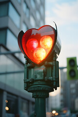 urban love – heart-shaped traffic lights in a cold city (generative AI)