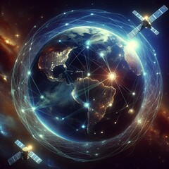 Obraz premium Global Connectivity and Satellite Communication Network Enveloping Earth in a Luminous Mesh