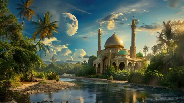 Ramadan karem looping video moeslem looping video animation mosque near big river with beautyfull forest and blue sky with cloudy and big moon with river water flow