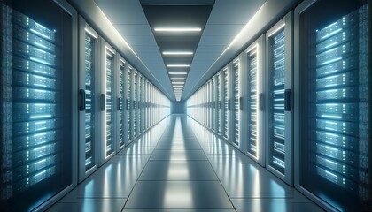 Futuristic Data Center Corridor with Glowing Server Racks and Cable Management Systems. Servers to support websites, applications AI systems and ecommerce
