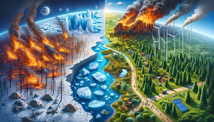 Artistic Depiction of Climate Change Impact with Divided Lush and Barren Landscapes. Global Warming Concept