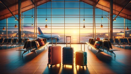 Serene Airport Terminal at Sunset with Luggage Ready for Departure and Planes on Tarmac. Family traveling concept. - obrazy, fototapety, plakaty