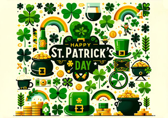 Modern style Festive St. Patrick's Day Illustration Captures the Spirit of Luck with Rainbows, Gold Coins, and Shamrocks. - obrazy, fototapety, plakaty