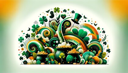 Modern style Festive St. Patrick's Day Illustration Captures the Spirit of Luck with Rainbows, Gold Coins, and Shamrocks.