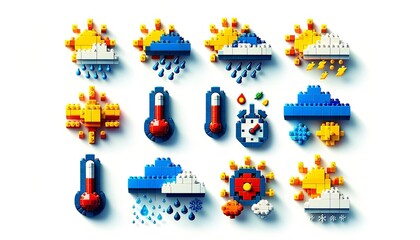 Lego Building Blocks and Bricks Weather Icons Set. Against a White Background. Interlocking Bricks Forming Sun, Clouds, Rain, and Temperature Symbols