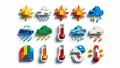 Lego Building Blocks and Bricks Weather Icons Set. Against a White Background. Interlocking Bricks Forming Sun, Clouds, Rain, and Temperature Symbols - obrazy, fototapety, plakaty