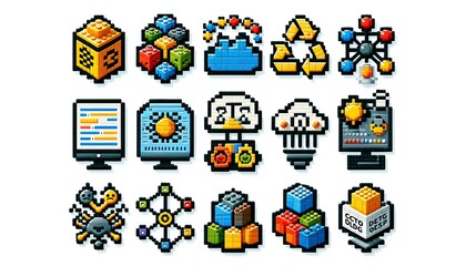 Intricately Designed Programming Icons Depict Diverse Tech Concepts and Digital Operations in Vivid Blocks. Set of programmer icons, each meticulously designed from blocks.