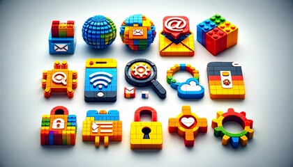 A set of web icons, each designed with elements of Lego, presented against a white background. Dynamic LEGO-Inspired Web Icons Illustrate Connectivity and Online Services with a Playful Twist. - obrazy, fototapety, plakaty