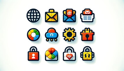 A set of web icons, each designed with elements of Lego, presented against a white background. Dynamic LEGO-Inspired Web Icons Illustrate Connectivity and Online Services with a Playful Twist.