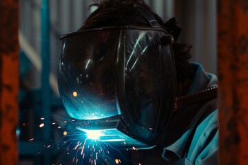 welder with a visor down, focusing on joining metal parts - obrazy, fototapety, plakaty