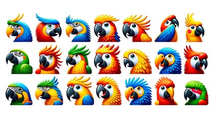 Set of parrot icons in emoji style. Vibrant Collection of Parrot Emojis in an Array of Emotions and Vivid Tropical Colors